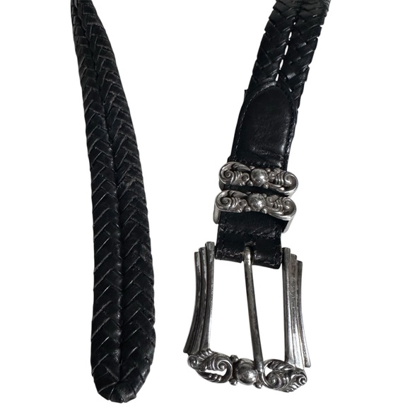 Brighton Black Leather Woven Belt with Decorative Silver Buckle